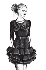 Fashion girl in little black dress, casual style model, beautiful women in fashion dress, actual style vector 