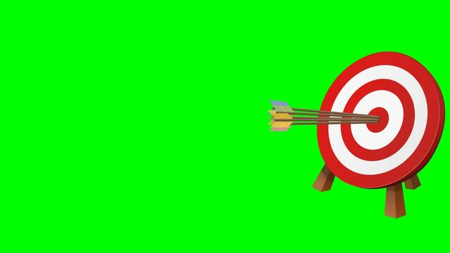 Series of 5 shots in the center of the red and white circular target placed on a wooden tripod on a green background