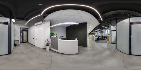 full seamless spherical hdri 360 panorama in corridor near reception of  modern coworking office in...