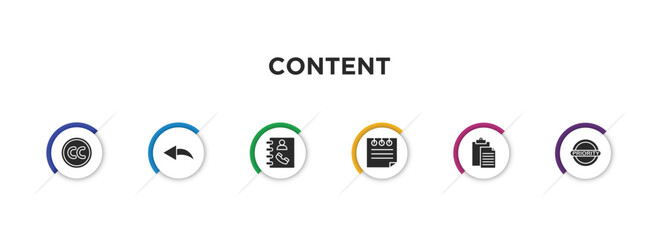 content filled icons with infographic template. glyph icons such as creative commons, reply, phone book, note, paste, priority vector.