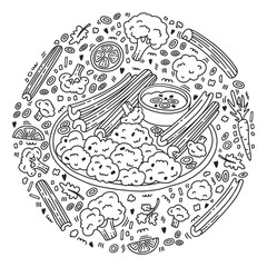 Сauliflower buffalo wings plate doodle. Healthy eating, plant based food concept. Vegan Buffalo wings made from broccoli. Spicy Buffalo Cauliflower Wings with Ranch and with celery. Crispy fried