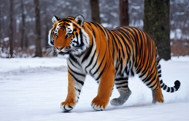 Fototapeta na wymiar Tiger in wild winter nature. Amur tiger running in the snow. Generative AI