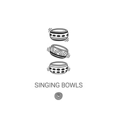 Tibetan Bowls logo. Three Tibetan bowls. Healing therapy. Sound healing for balance and a clear mind.  New way of meditation. Singing therapy doodle. Sound therapy Symbol. Sound massage therapy logo