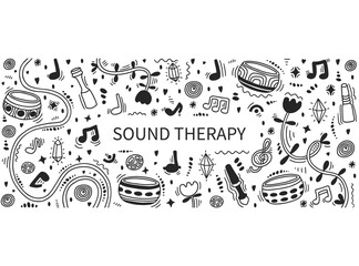 Singing therapy doodle card. Tibetan bowls, wooden sticks, musical notes. Music visualization doodle. Healing therapy card. Sound healing for balance and a clear mind. Meditation card. Sound bath.