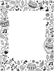 Singing therapy doodle set. Tibetan bowls, wooden sticks, musical notes. Music visualization doodle. Healing therapy card. Sound healing for balance and a clear mind. Meditation card. Sound bath.