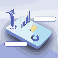 smartphone with messages bubbles, shopping cart, chart, and business data on the screen, mobile phone mock-up with data on the screen, chat bubbles, and smartphone mock-up for business advertisement.