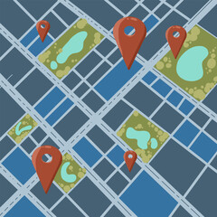 city map with pin icon in top view. Navigation map with pin, green park and block of city top view. GPS map with pin. City block map in flat illustration style.