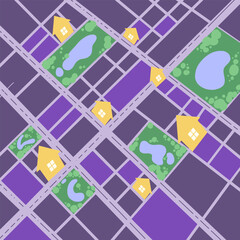 city map with house icon in top view. Navigation map with house, green park and block of city top view. City block map in flat illustration style.