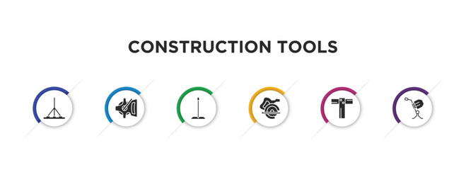 construction tools filled icons with infographic template. glyph icons such as bump cutter, open scale, cleaning mop, carpenter cutter, boning rod, cement mixers vector.