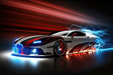Obraz na płótnie Canvas Flashing lights and blurry motion of a high end sports automobile at high speeds (non existent car design, full generic) ,. Generative AI