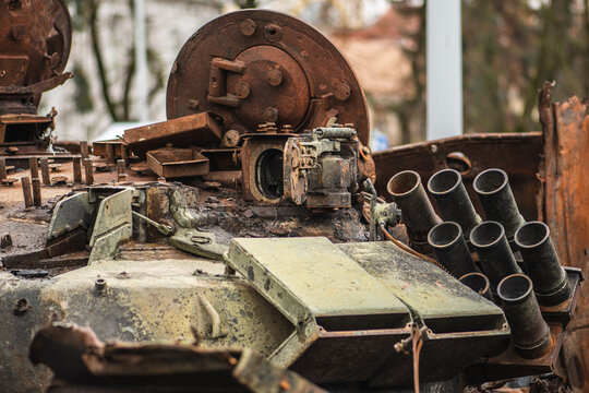 Burnt and melted rusty wreckage of a Soviet Russian-made tank T-72B destroyed near Kyiv during the Russian invasion of Ukraine