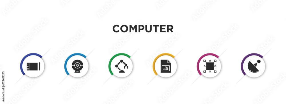 Poster computer filled icons with infographic template. glyph icons such as tablet tool, round webcam, robo