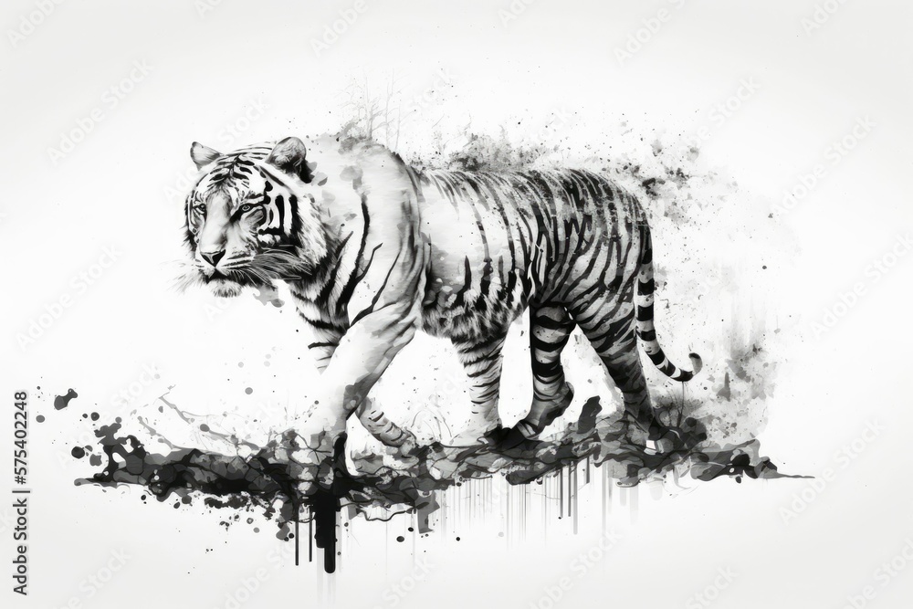 Poster white background with a tiger walking. generative ai