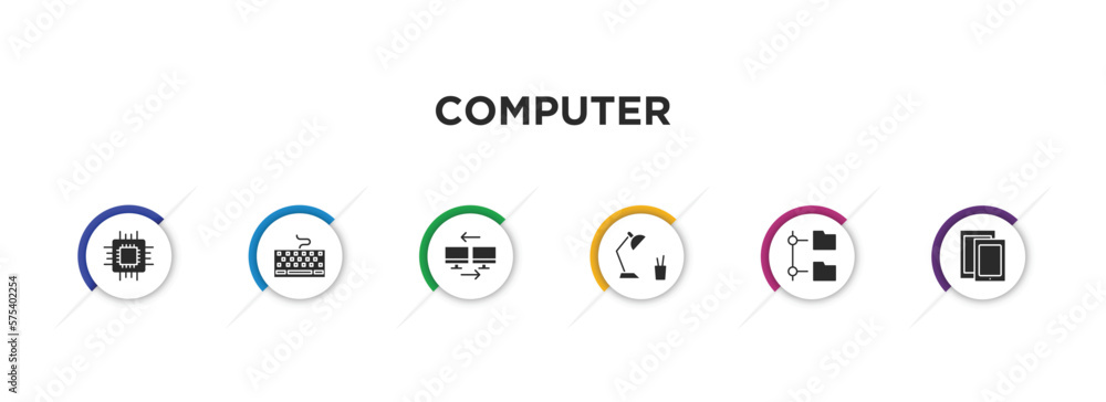 Poster computer filled icons with infographic template. glyph icons such as computer chip, keyboard with ca