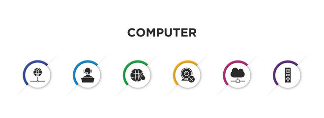 computer filled icons with infographic template. glyph icons such as internet server, online support, surfing the net, webcam disconnected, cloud network, tv remote vector.