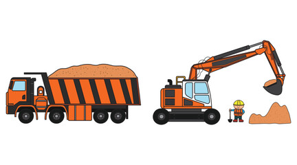 Vector illustration color children construction site with excavator dump truck and construction worker clipart