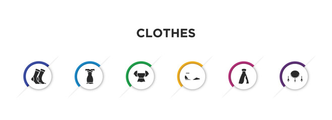 clothes filled icons with infographic template. glyph icons such as women socks, off the shoulder dress, peplum top, flat shoes, long bandeau dress, jewelry vector.