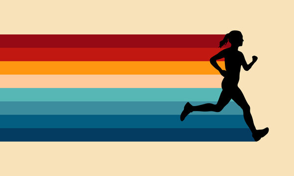 Sprinting Woman Vector Silhouette. Sprint, Fast Run. Runner Starts Running. Start. Vintage Striped Backgrounds, Posters, Banner Samples, Retro Colors From The 1970s 1980s, 70s, 80s, 90s. Retro Vintage