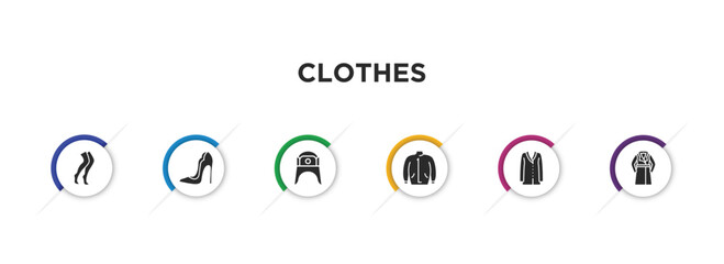 clothes filled icons with infographic template. glyph icons such as stockings, high heel, ushanka, parka, cardigan, trench coat vector.