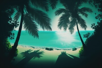 From above, palm palms cast a shady silhouette on the beach and water, which are illuminated by the sun. The summertime natural landscape is breathtaking. Amazing beach views, serene atmosphere, and a