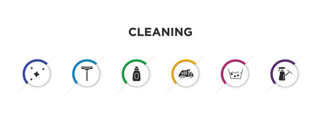 cleaning filled icons with infographic template. glyph icons such as clean, wiper, stain remover, garbage truck, wash, wet floor vector.