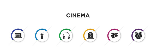 cinema filled icons with infographic template. glyph icons such as buy tickets online, smoothie with straw, headphone, cinema ticket window, two movie tickets, hd dvd vector.
