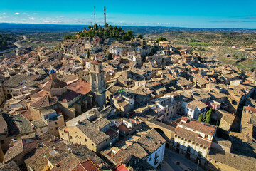 Aerial fly over above the beautiful village oc Calaceite in Aragón