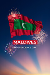 Sky with holiday fireworks and flag of Maldives