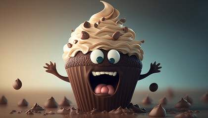 Cute cartoon cupcake, fluffy cartoon cupcake, very delicious, with a frothy smile and cute kind eyes, want to eat a fairy soft cake, created by generative ai - obrazy, fototapety, plakaty