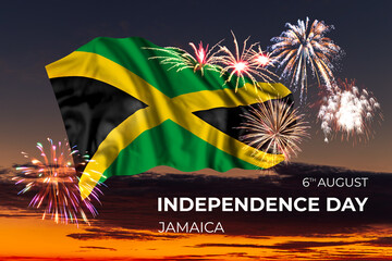 Sky with majestic fireworks and flag of Jamaica
