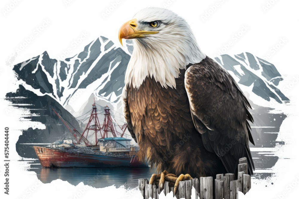 Canvas Prints homer alaska harbor with bald eagle perched above. Generative AI