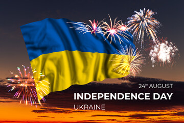 Sky with majestic fireworks and flag of Ukraine