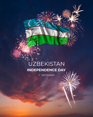 Majestic fireworks and flag of Uzbekistan on National holiday - 575404484