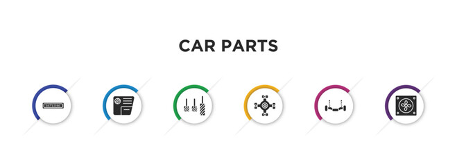 car parts filled icons with infographic template. glyph icons such as car numberplate, car glove compartment, accelerator, universal joint, anti-roll bar, fan vector.