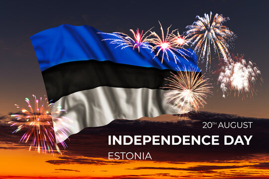 Sky with majestic fireworks and flag of Estonia - Powered by Adobe