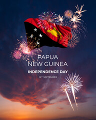 Majestic fireworks and flag of Papua New Guinea on National holiday