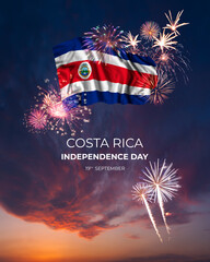 Majestic fireworks and flag of Costa Rica on National holiday