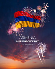 Majestic fireworks and flag of Armenia on National holiday