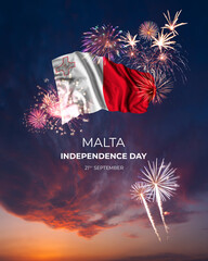 Majestic fireworks and flag of Malta on National holiday