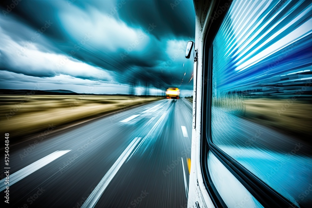 Poster motion blur (no sharp focus due to rain and slow shutter speed) and reflections in the road from an 