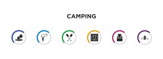 camping filled icons with infographic template. glyph icons such as water, slingshot, oar, outlet, tissue, inflatable boat vector.