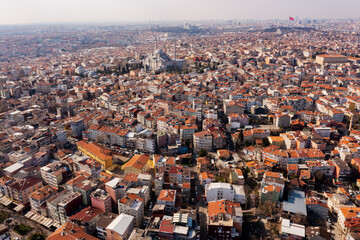 Beautiful view of gorgeous historical Suleymaniye Mosque, Rustem Pasa Mosque and buildings in a cloudy day. Istanbul most popular tourism destination of Turkey. Travel Turkey concept.