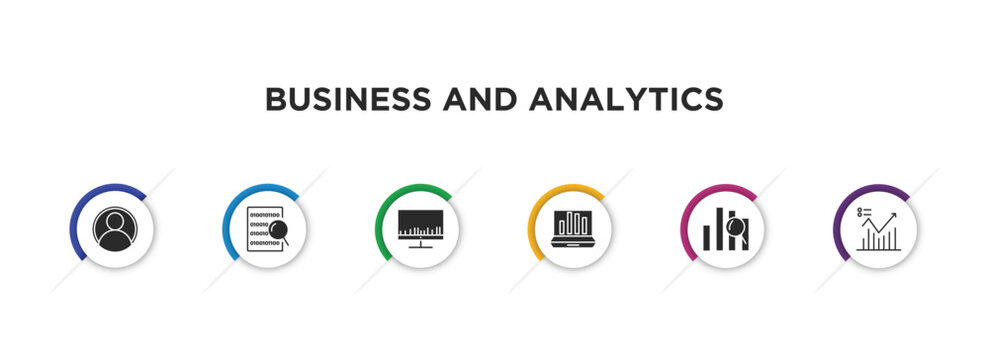 business and analytics filled icons with infographic template. glyph icons such as accounting, binary data search, stock market, laptop with analysis, profit analysis, analytic visualization vector.