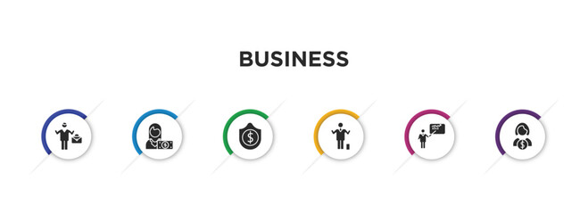 business filled icons with infographic template. glyph icons such as man success, woman with dollar bill, dollar money protection, man succesing, man presentation, woman holding big coin vector.