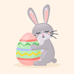 Fototapeta premium Easter cute bunny hugging an Easter egg. Flat style illustration.