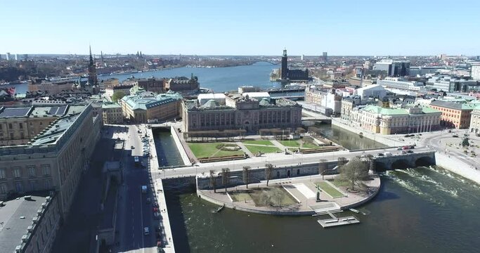Roof of Parliament House Riksdagshuset in Stockholm, Sweden. Riksdag - Building of the Swedish Parliament. 4k Drone