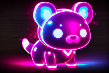 Adorable Glowing Neon Pink and Blue Kawaii Dog Animal on Black Background. Generative AI.