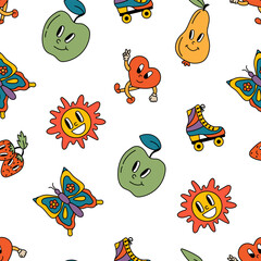 Retro seamless patterns, groovy hippie backgrounds. Cartoon funky print with pears, apples, butterflies, hearts, sun, rollers pattern.	