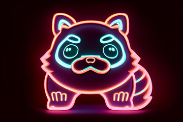 Adorable Glowing Neon Pink and Blue Kawaii Racoon Animal on Black Background. Generative AI.