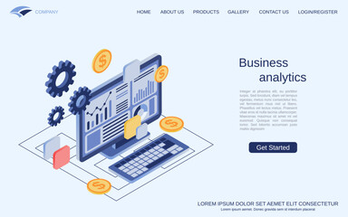 Business analytics, financial statistics, market analysis, report flat 3d isometric vector concept illustration